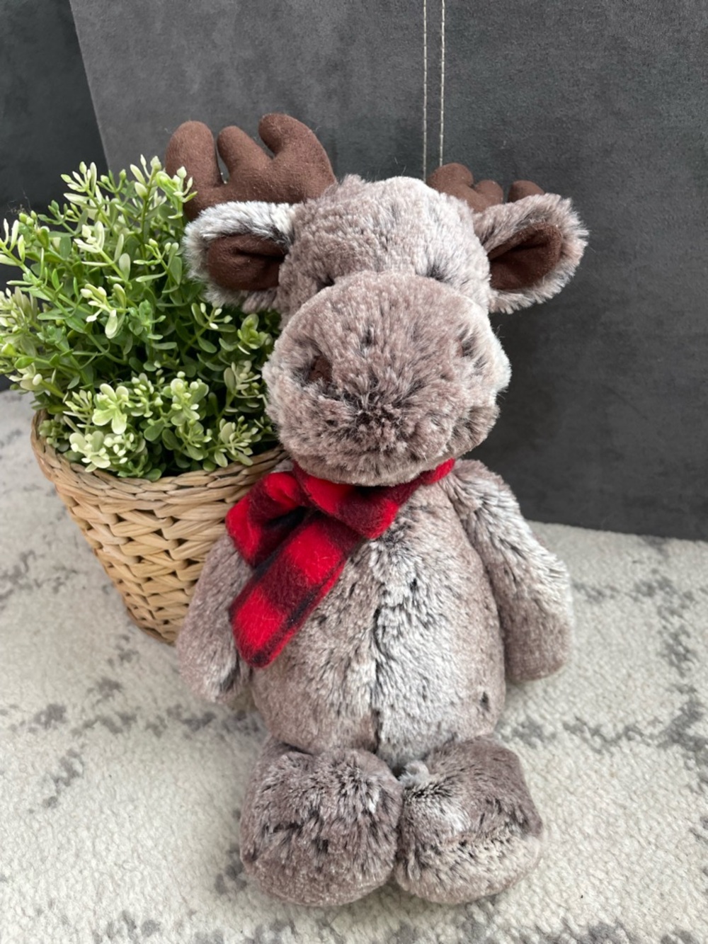JELLYCAT Marty Moose Holiday Edition Plaid Scarf Stuffed Plush Toy 12”